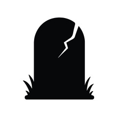 Simple Black Tombstone with Crack and Grass Silhouette Vector.