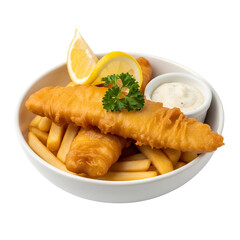 Crispy golden fish and chips served with tartar sauce and lemon wedges, a classic comfort food delight.