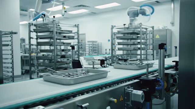 Sterile Processing Department with Robotic Arms and Conveyor Belts in a Brightly Lit Industrial Setting