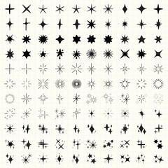 Collection of star and sparkle icons. Various star designs, sparkle shapes, and twinkling symbols. Perfect for design projects needing star or sparkle elements. Element vector set.