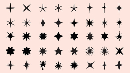 Collection of star and sparkle icons. Various star designs, sparkle shapes, and twinkling symbols. Perfect for design projects needing star or sparkle elements. Element vector set.