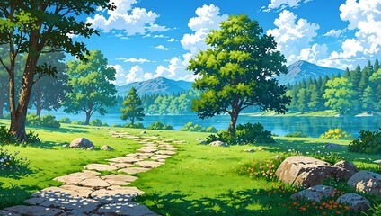 Serene anime style riverside path in green park with stone walkway, trees, and mountain lake