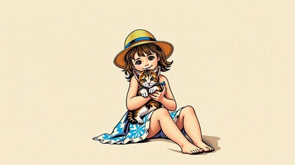 Cartoon Girl in Hat Hugging a Kitten - Ideal for children's books, educational materials, pet care, and family-themed content.