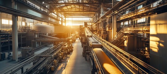 Obraz premium Interior view of a large industrial factory with conveyor belts and metal piping systems present inside