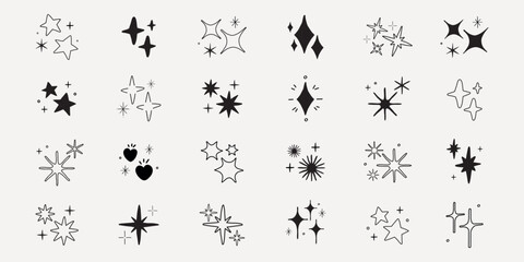 Collection of star and sparkle icons. Various star designs, sparkle shapes, and twinkling symbols. Perfect for design projects needing star or sparkle elements. Element vector set.