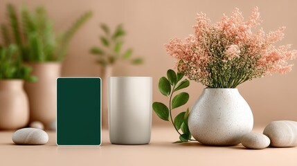 Modern Home Decor Mockup with Cream Mug and Green Card