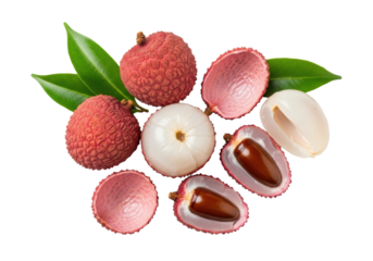 Fresh, vibrant, and plump lychee fruits, some whole, others partially peeled revealing translucent white flesh and dark seeds, with crisp green leaves on a transparent background, studio light, high