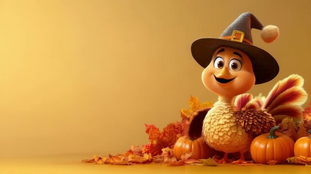 Cheerful cartoon turkey with hat and pumpkins surrounded by fall leaves. Thanksgiving