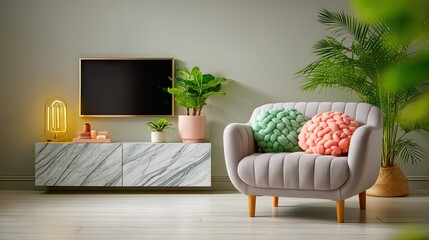 Modern Living Room Interior with Pastel Armchair and Plants