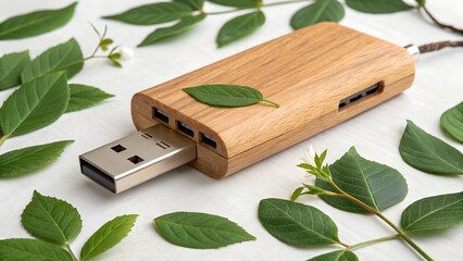 wooden usb drive and charging station with green leaves