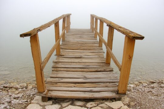 Wooden pier extending into a hazy, misty landscape - Powered by Adobe