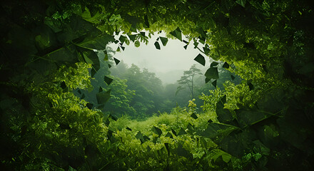 Lush foliage framing a misty forest vista.