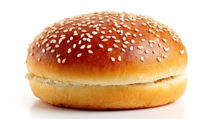 Fototapeta premium Closeup of a delicious golden brown sesame seed burger bun on white