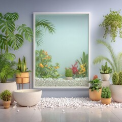 Modern Minimalist Interior with Lush Greenery and White Pebbles