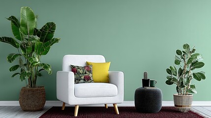 Modern Minimalist Living Room Interior with Green Walls and White Armchair