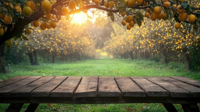 Sunlit orchard with wooden table amidst lush lemon trees