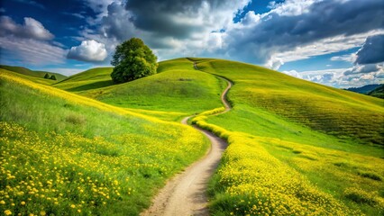 A winding path leads through a vibrant green field with yellow flowers
