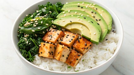 Delicious and healthy bowl with tofu, avocado, kale, and rice