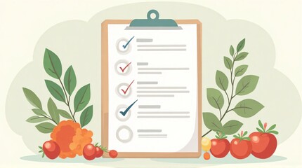 Checklist on a clipboard with tomato and plant illustrations
