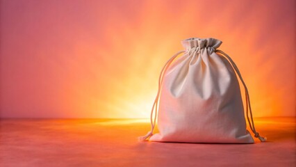 White drawstring bag sits on a surface with a colorful background