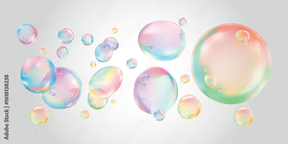Poster colorful soap bubbles on a transparent background. bubbles with rainbow hues float gracefully. soap 