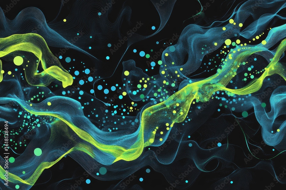 Poster abstract design with flowing lines and scattered dots.