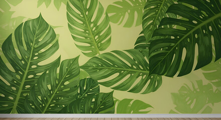 Lush green tropical leaves patterned wall decor.