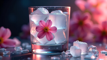 Schmelzendes Eis im Glas mit Blüte - ein Schmuckstück im Glas