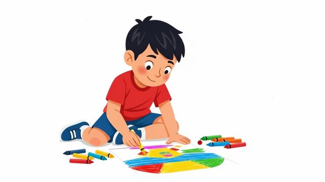 A creative young boy sitting on the floor, expressing his imagination by drawing a colorful picture with crayons