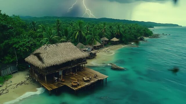 Stormy seascape stilted hut by turquoise waters
