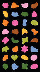 Colorful abstract shapes on a black background. Abstract shapes in blue, pink, yellow, and green. Bright abstract shapes creating a playful design. Pastel shapes, vector element set.