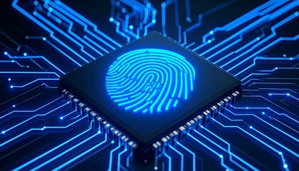 Blue glowing fingerprint lock and electronic motherboard chip processor technology.