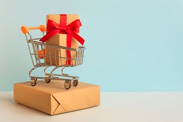 Miniature Shopping Cart On Brown Paper Packages With Bow