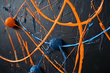 Abstract painting with vibrant orange and blue streaks.