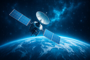 Communication satellite above earth with large antenna dish and solar panels in space with starry cosmic background