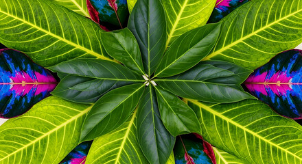 A vibrant arrangement of tropical leaves in a symmetrical pattern.
