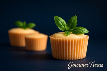 Mini Cheesecakes Decorated With Fresh Mint Leaves On Black Background
