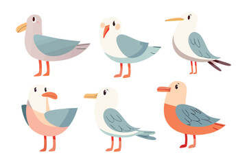 Seagull Illustration: A collection of charming cartoon seagull illustrations, featuring a variety of poses and expressions, perfect for conveying a whimsical, lighthearted, and friendly atmosphere.