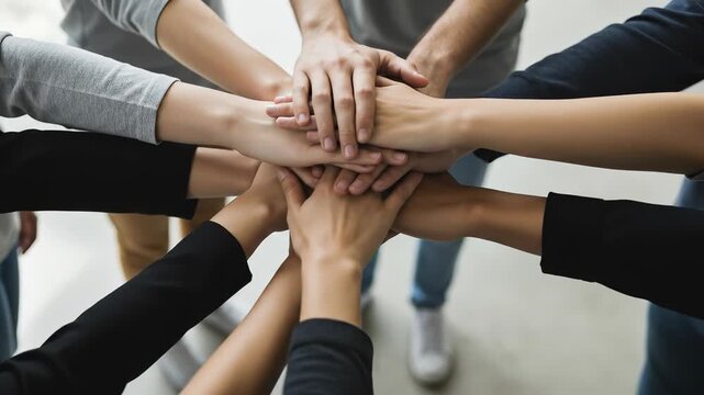 Diverse group of friends in their 20s and 30s stacking hands in a huddle of unity and teamwork