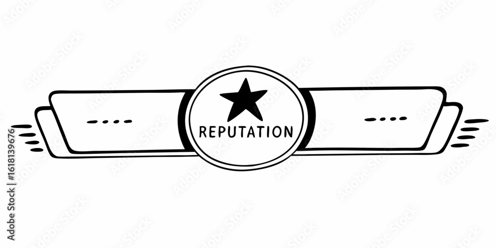 Poster illustration of a reputation badge with a star inside a circle and a stylized banner with dashed lin