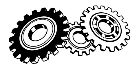 Illustration of three interlocking gears with detailed teeth and inner circles in black and white