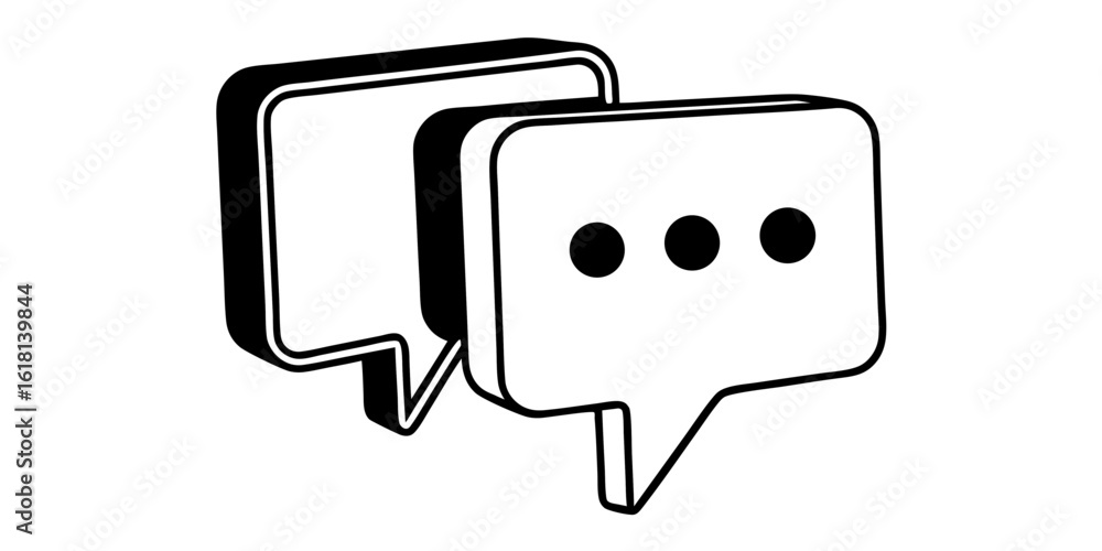 Poster two speech bubbles overlapping each other with three dots inside the right bubble in black and white
