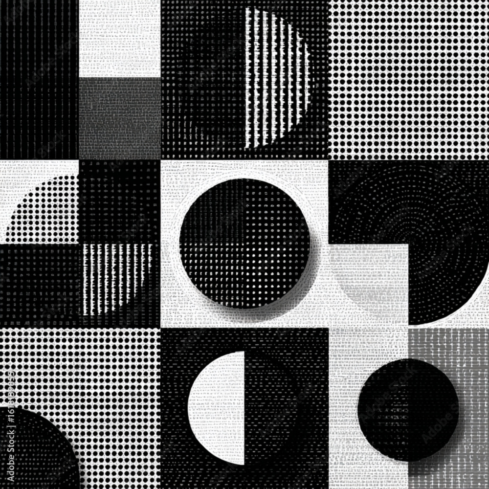 Poster abstract black and white geometric pattern with circles and squares