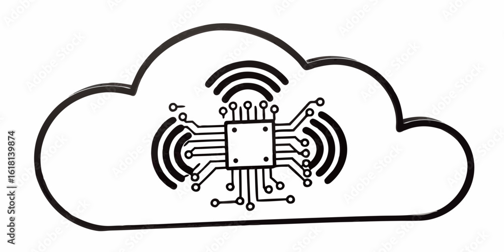Poster illustration of a cloud shape containing a circuit board and wifi signals in black and white style