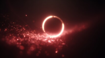 Naklejka premium Glowing red cosmic ring with sparkling particles on dark background.