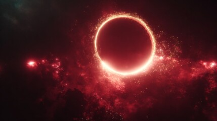 Glowing solar eclipse surrounded by red cosmic dust and stars in deep outer space.