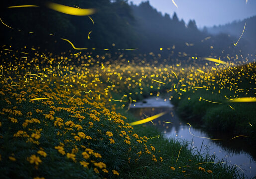 Magical summer night as thousands of fireflies illuminate a meadow with glowing trails beside a gentle stream