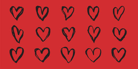 A collection of hearts on a background. Various heart shapes, heart patterns, and heart designs fill the image with love and creativity. Cute hand drawn Valentine's Day vector set.