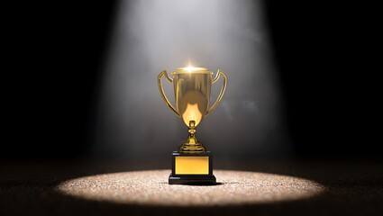 Golden Trophy Under Spotlight Symbolizing Success and Achievement in a Dark Room Celebrating Victory and Recognition