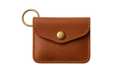 Studio-captured brown leather key wallet featuring gold ring, positioned against transparent backdrop